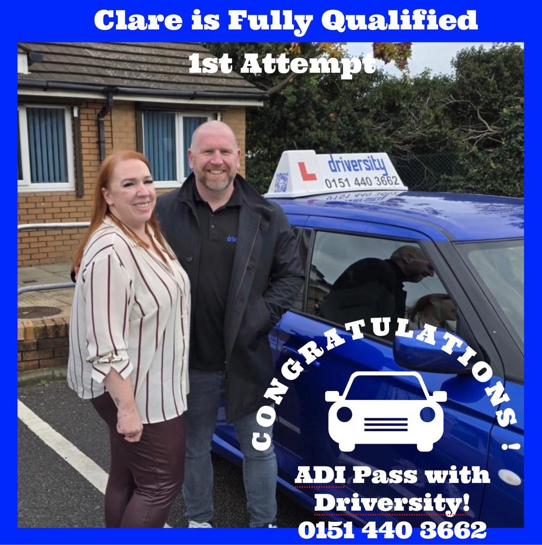 Clare celebrating with her Driversity trainer after passing the ADI Part 3 first time